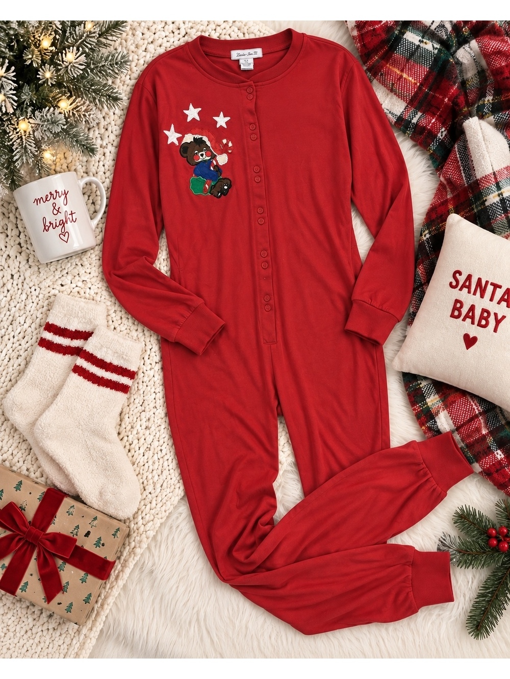 Lucie Ann II Red Christmas Teddy Bear One Piece Pajamas Medium Vintage Style